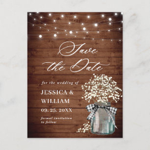Baby's Breath Mason Jar Wedding Save the Date Postcard