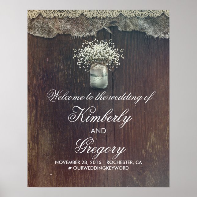 Baby's Breath Mason Jar Wedding Welcome Sign (Front)
