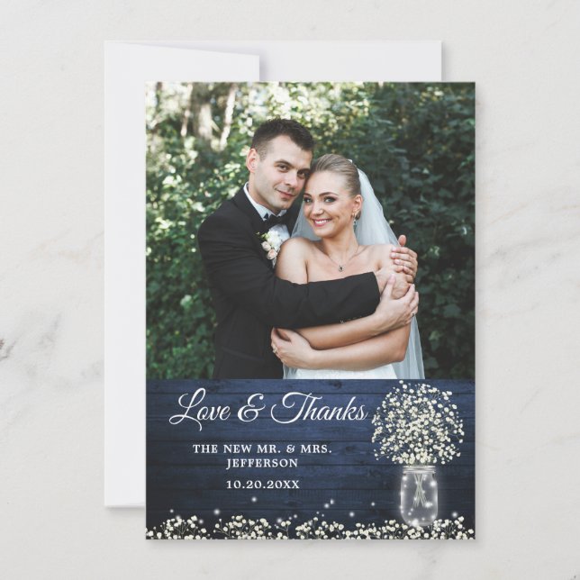 Baby's Breath Mason Jar Wood Photo Thank You Card (Front)
