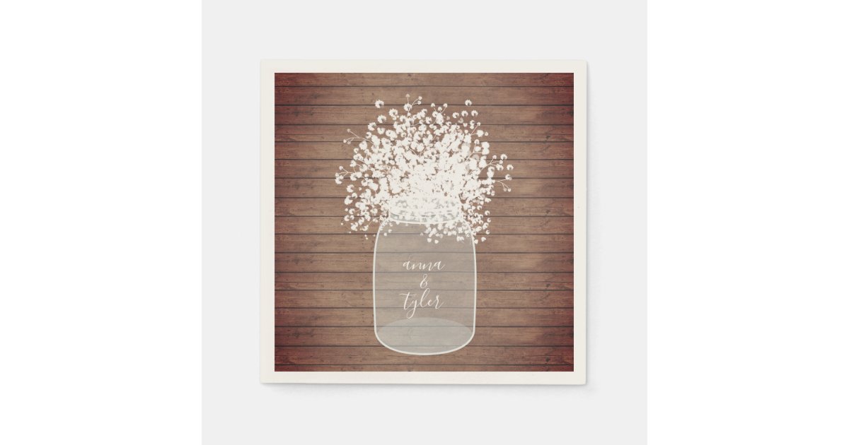 Baby S Breath Mason Jar Wood Plank Wedding Napkin Zazzle Ca