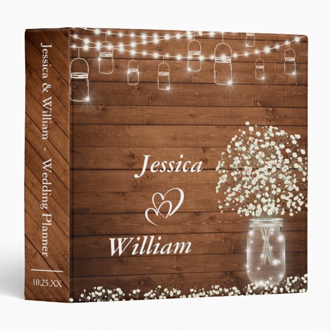 Baby's Breath Mason Jar Wood Rustic Wedding Binder (Front/Spine)