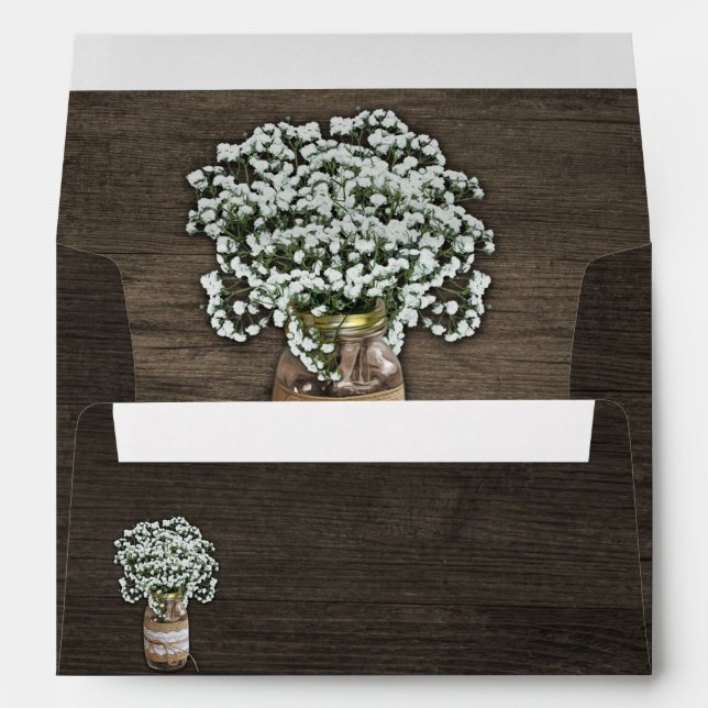 Baby's Breath Mason Jar Wood Wedding Envelopes (Back (Bottom))