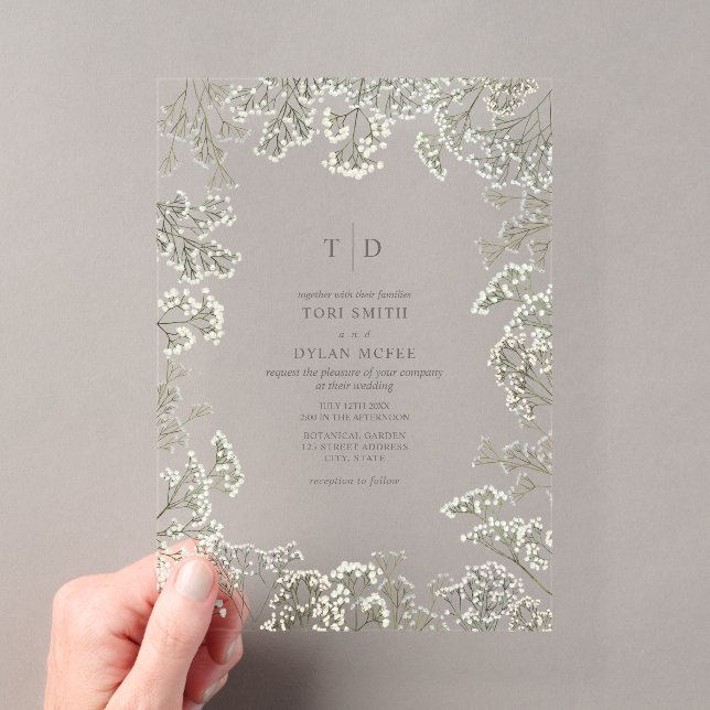 Baby's Breath Monogram Botanical Wedding Acrylic Invitations (Insitu (Handheld))