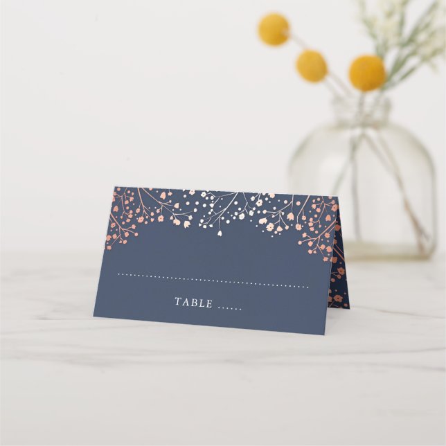 Baby's Breath Navy Blue and Rose Gold Wedding Place Card (Front)