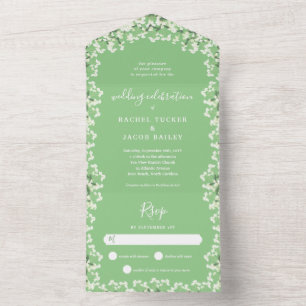 Baby's Breath on Sage Green Floral Spring Wedding All In One Invitation
