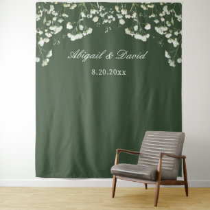 Baby's Breath on Sage Green Wedding Backdrop Tapestry