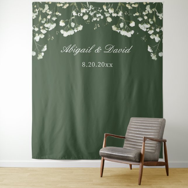 Baby's Breath on Sage Green Wedding Backdrop Tapestry (In Situ)