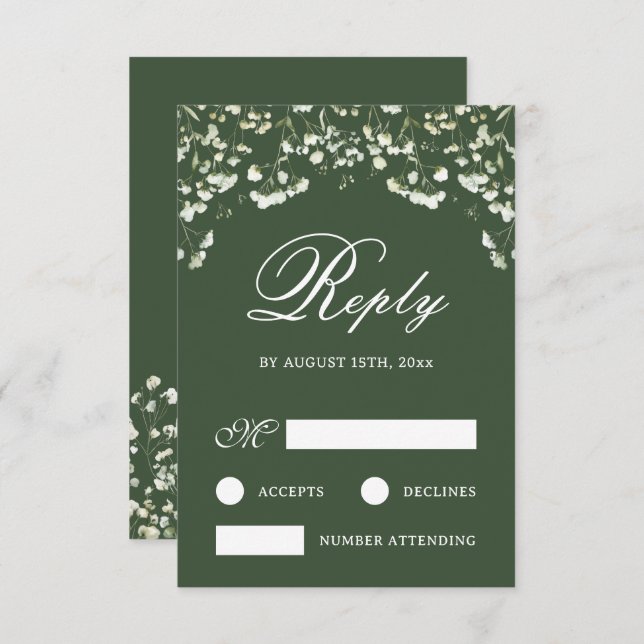 Baby's Breath on Sage Green Wedding RSVP Card (Front/Back)