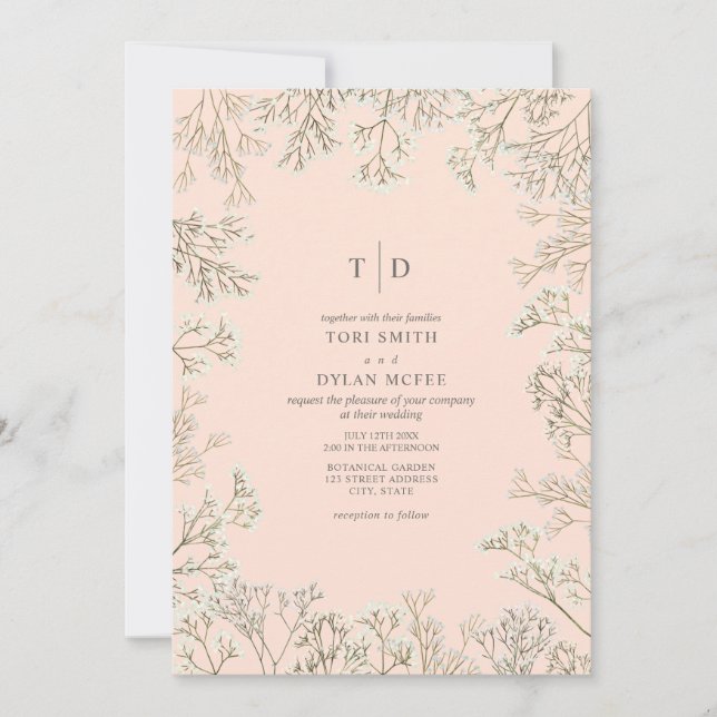 Baby's Breath Peach Monogram Wedding Invitation (Front)
