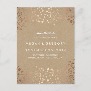 baby's breath rose gold floral save the date announcement postcard