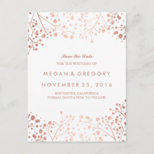 baby's breath rose gold floral save the date announcement postcard