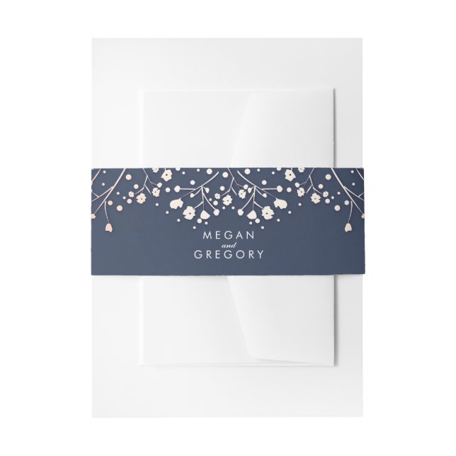 Baby's Breath Rose Gold Style Navy Wedding Invitation Belly Band (Front Example)