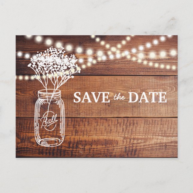 Baby's Breath Rustic Mason Jar Save the Date Announcement Postcard (Front)