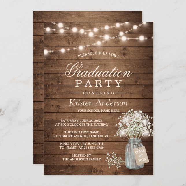 Baby's Breath Rustic String Light Graduation Party Invitation (Front/Back)