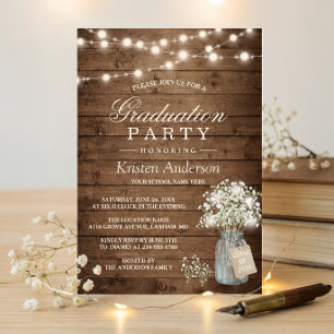 Baby's Breath Rustic String Light Graduation Party Invitation