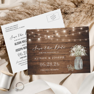 Baby's Breath Rustic String Lights Save the Date Announcement Postcard