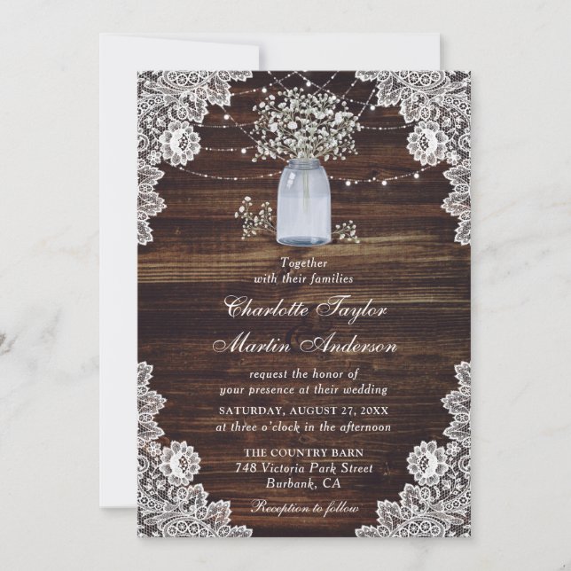 Baby's Breath Rustic Wood Lace Lights Wedding Invitation (Front)