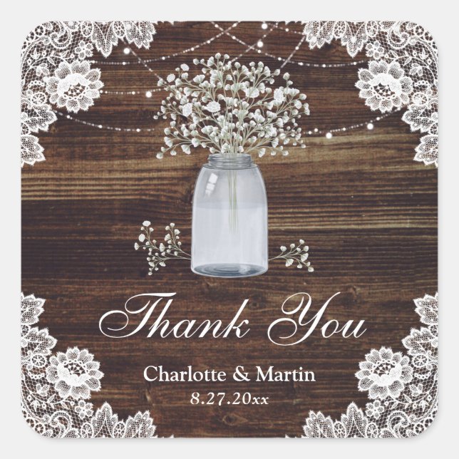 Baby's Breath Rustic Wood Lace Mason Jar Thank You Square Sticker (Front)