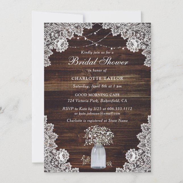 Baby's Breath Rustic Wood Mason Jar Bridal Shower Invitation (Front)