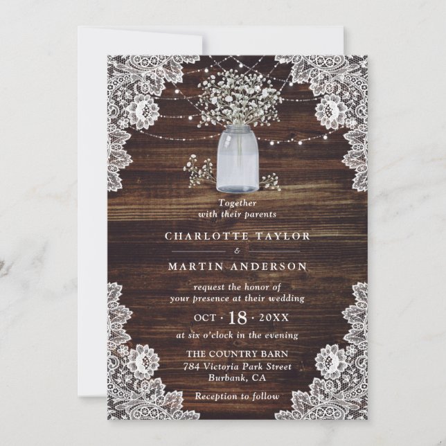 Baby's Breath Rustic Wood Mason Jar Wedding Invitation (Front)