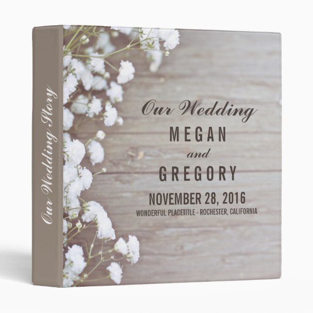 Baby's Breath Rustic Wood Wedding Memories Binder (Front/Spine)