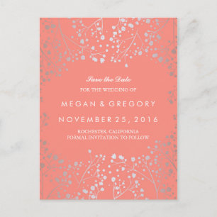 baby's breath silver and coral save the date announcement postcard