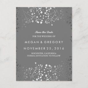 baby's breath silver and grey save the date announcement postcard