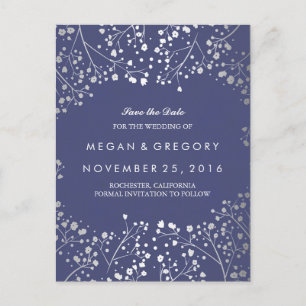 baby's breath silver and navy foil save the date announcement postcard