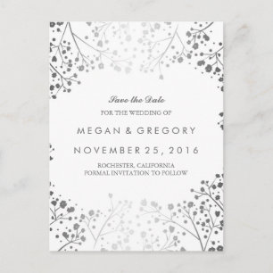 baby's breath silver and white save the date announcement postcard