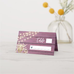Baby's Breath & String Lights Purple Wood Wedding Place Card