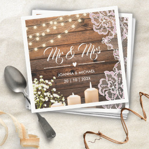 Baby's Breath & String Lights Rustic Wood Wedding Napkin