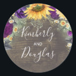 Baby's Breath Sunflowers Purple Roses Fall Classic Round Sticker<br><div class="desc">Baby's breath,  sunflowers,  daisies and purple roses rustic fall wedding stickers</div>
