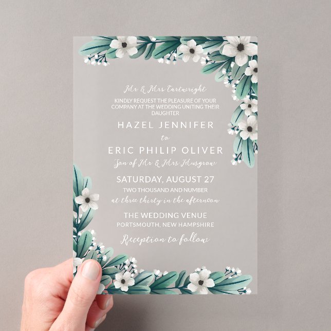 Baby's Breath Teal Greenery Traditional Wedding Acrylic Invitations (Insitu (Handheld))
