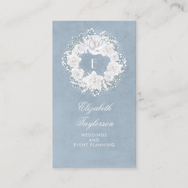 Baby's Breath White and Dusty Blue Floral Business Card (Front)