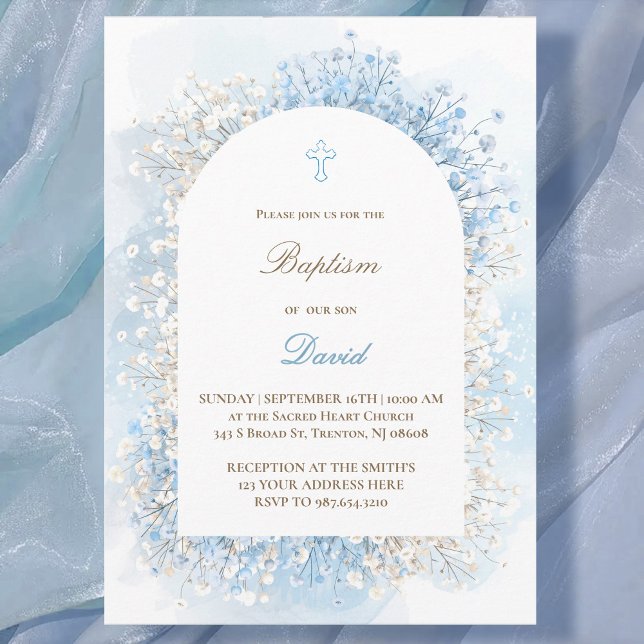 Baby's Breath white blue baby boy Baptism Invitation (Creator Uploaded)