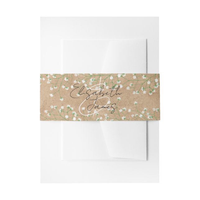    Baby's Breath White Flowers Rustic Boho Wedding Invitation Belly Band (Front Example)