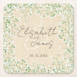 Baby's Breath White Flowers Rustic Boho Wedding Square Paper Coaster
