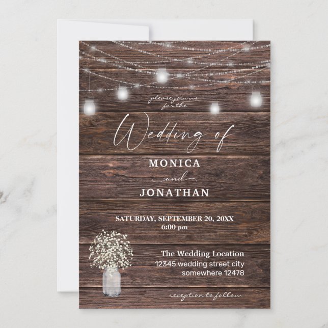 Baby's Breath Wood & Mason Jar String Lights Invitation (Front)