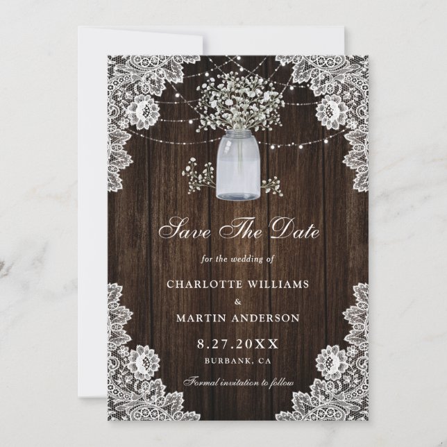 Baby's Breath Wood Mason Jar String Lights Wedding Save The Date (Front)