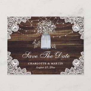 Baby's Breath Wood Mason Jar Wedding Save The Date Announcement Postcard