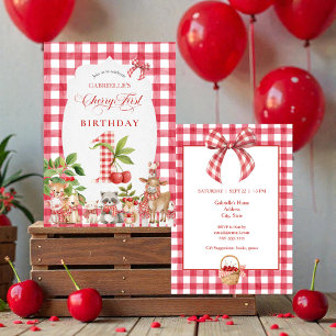 Baby's Cherry First Red Gingham Birthday Invitation