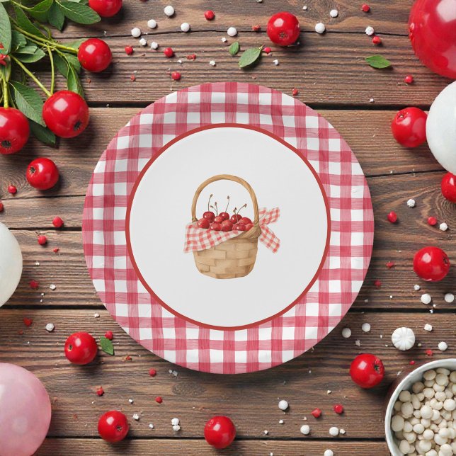 Baby's Cherry First Red Gingham Birthday Paper Plate (Creator Uploaded)