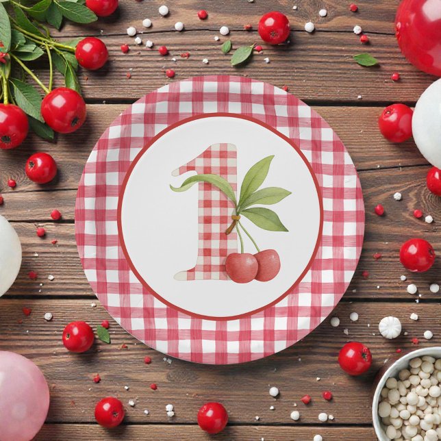 Baby's Cherry First Red Gingham Birthday Paper Plate (Creator Uploaded)