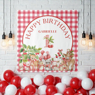 Baby's Cherry First Red Gingham Birthday  Tapestry