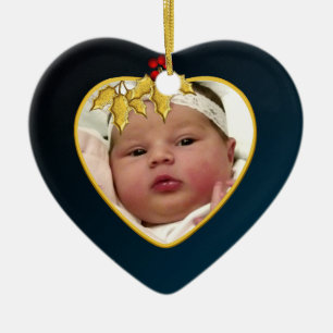 Baby's Dark Blue and Gold Photo Christmas Heart Ceramic Ornament
