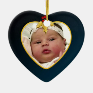 Baby's Dark Blue Photo Keepsake Christmas Heart Ceramic Ornament