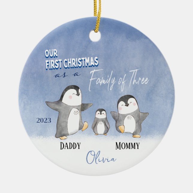 Baby's Family of Three First Christmas Ornament (Front)