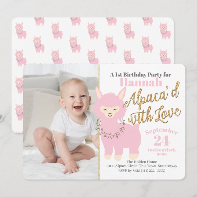 Baby's First Alpaca Birthday Party with Photo Invitation (Front/Back)