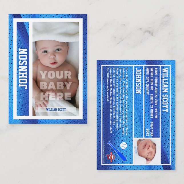 Baby's First Baseball Card Birth Announcement Blue (Front/Back)