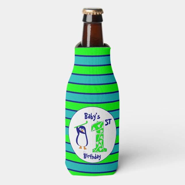 Baby's first birthday golfing penguin horizontal bottle cooler (Bottle Front)